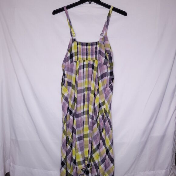 Torrid Midi Dress 0X Plaid Purple, Green Challis Button Front - Picture 2 of 9